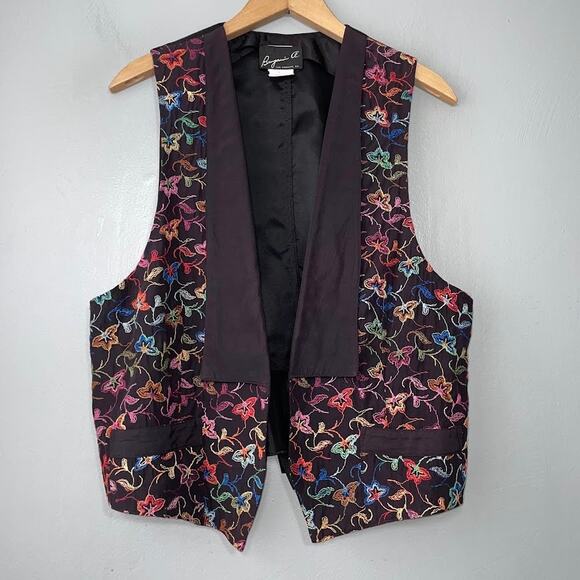 Vintage Black Embroidered Vest Size Rainbow Floral Waistcoat Dopamine Artsy Dark - Picture 1 of 8